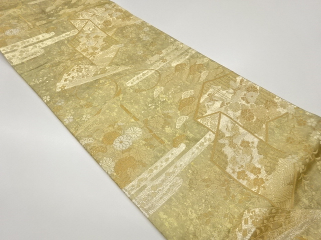 引箔三重織屏風・檜扇に鶴・草花模様織出し袋帯